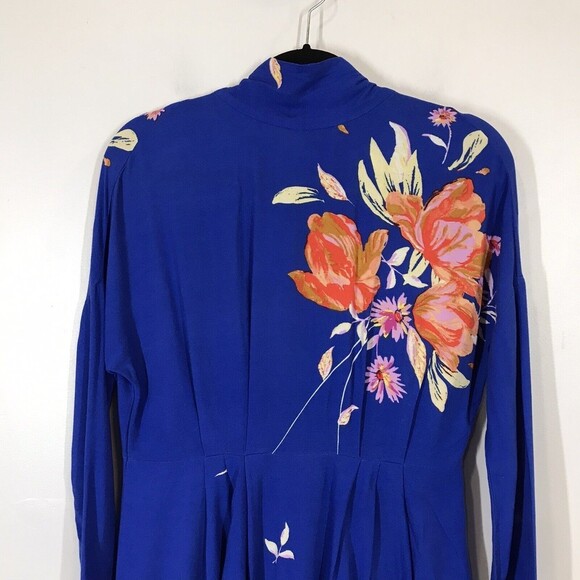 Free People Gemma Women's Size XS Tunic Blue Floral Mock Neck Tie Mini Dress - Picture 4 of 11
